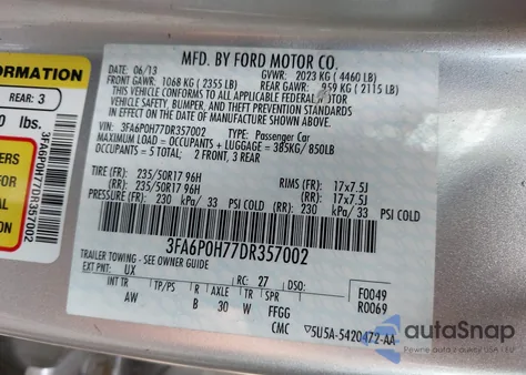 2013 Ford Fusion Se from USA, damaged, VIN 3FA6P0H77DR357002